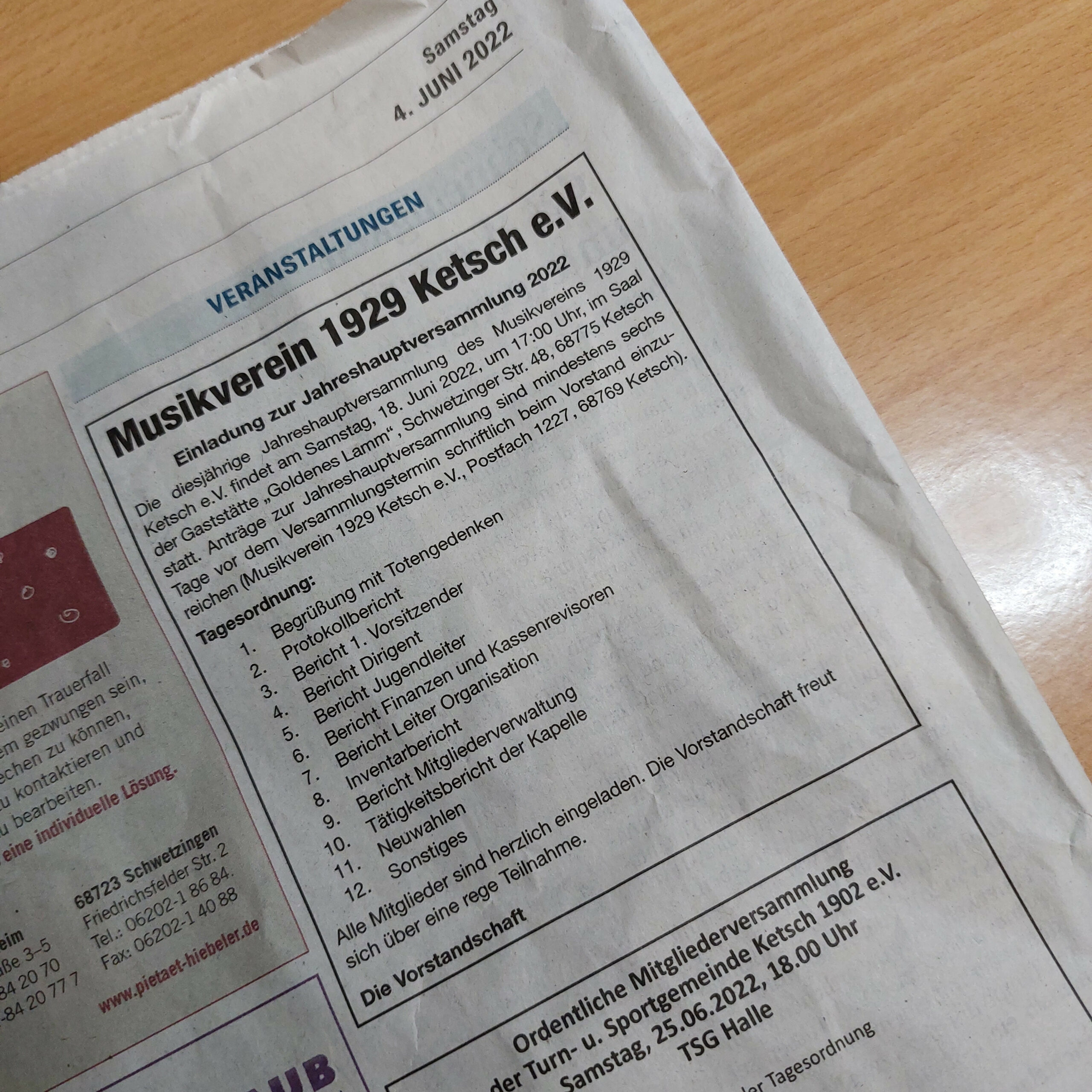 Einladung zur Jahreshauptversammlung 2022 Musikverein 1929 Ketsch e.V. Einladung zur Jahreshauptversammlung 2022 Musikverein 1929 Ketsch e.V.